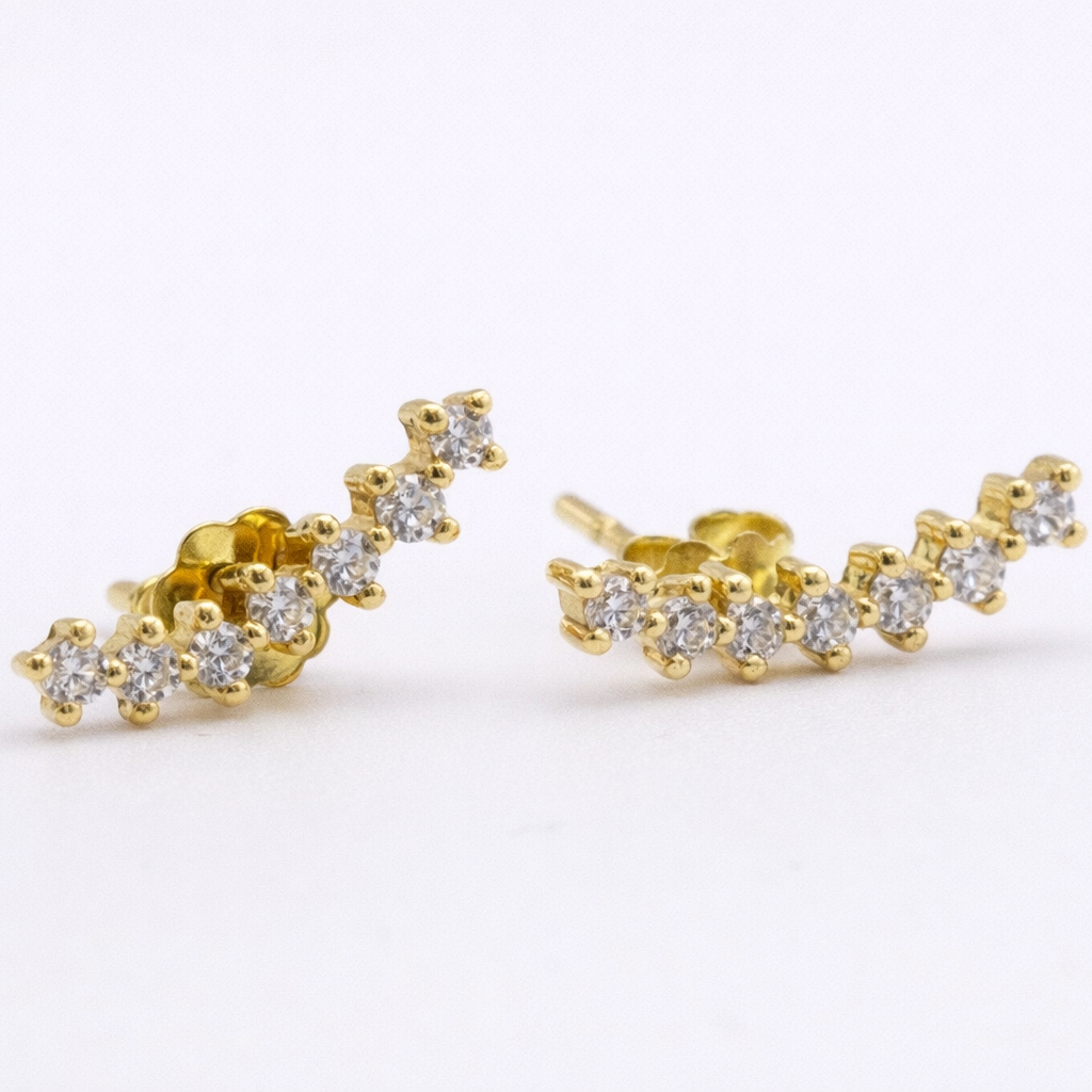 18K Yellow Gold CZ Curved Climber Stud Earrings