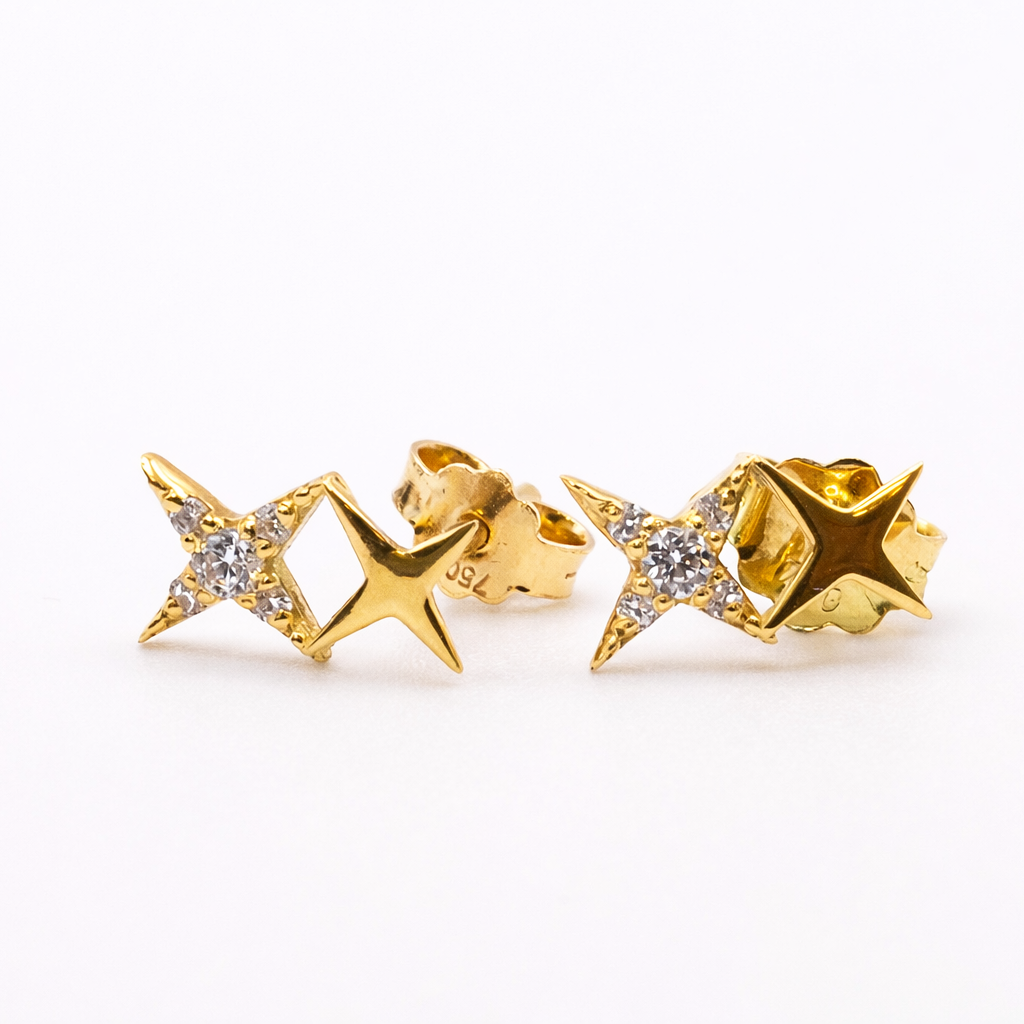 18K Solid Gold Star Stud Earrings with CZ
