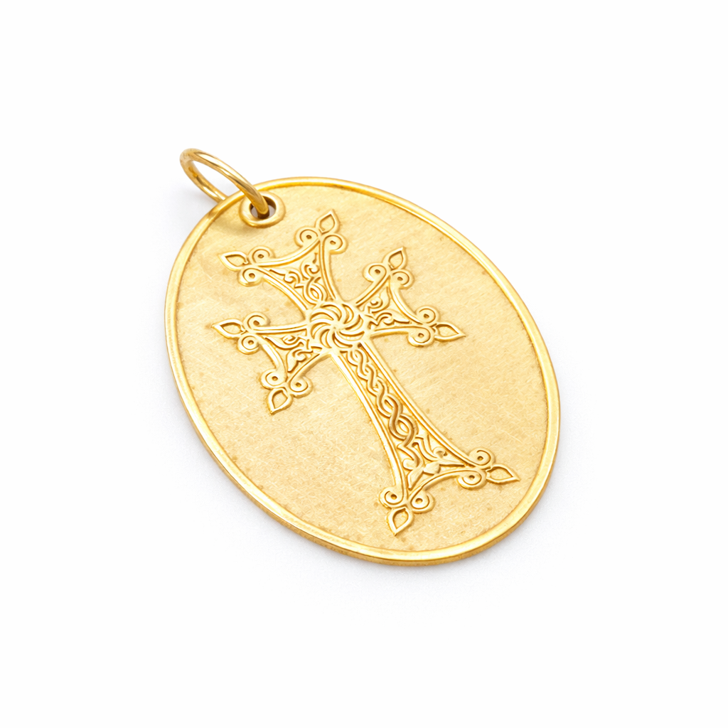 18K Solid Gold Armenian Khachkar Medallion Pendant