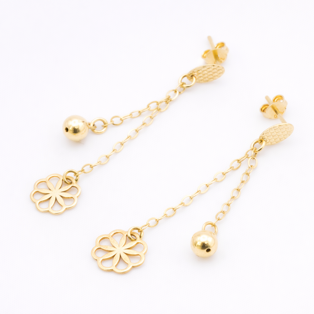 18K Solid Gold Floral Chain Drop Earrings