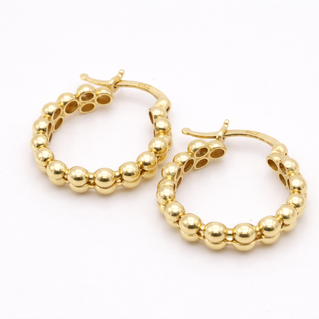 18K Solid Yellow Gold Beaded Hoop Earrings