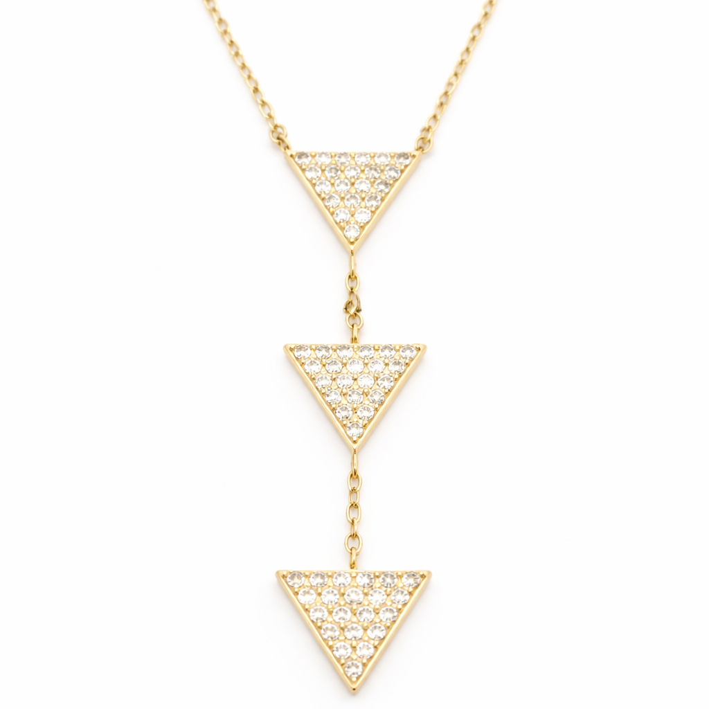 18K Solid Gold Triple Triangle CZ Pendant Necklace – Geometric Drop Design