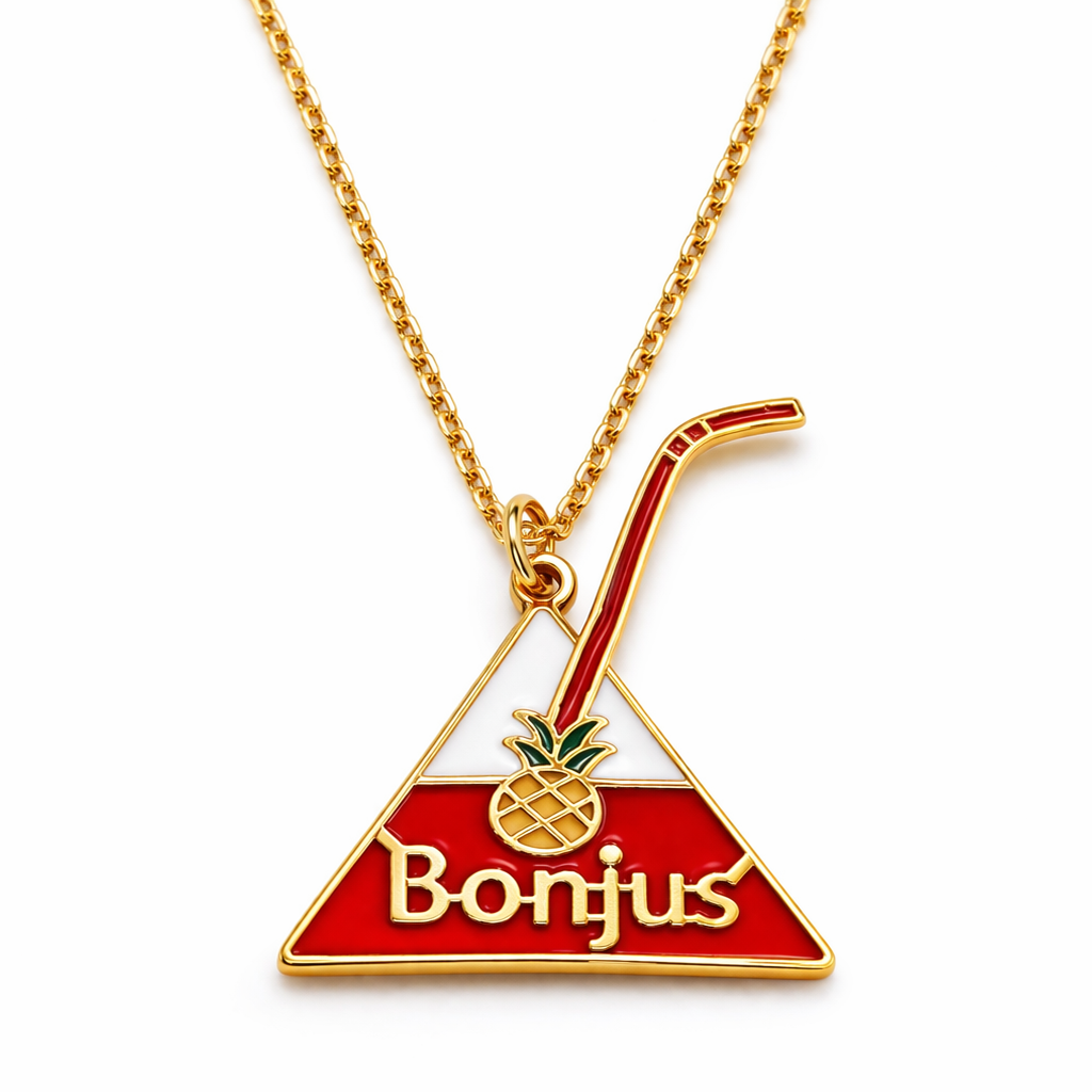 18K Solid Gold Red & White Enamel Bonjus Pyramid Pendant Necklace