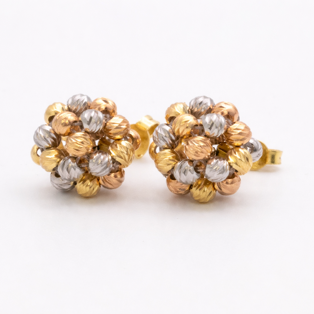 18K Tri-Color Gold Diamond-Cut Beaded Cluster Stud Earrings