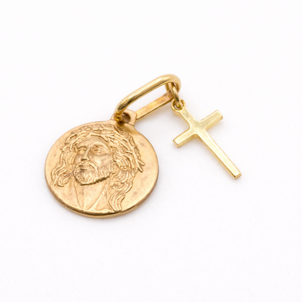 14K Solid Gold Jesus Medallion with Cross Pendant