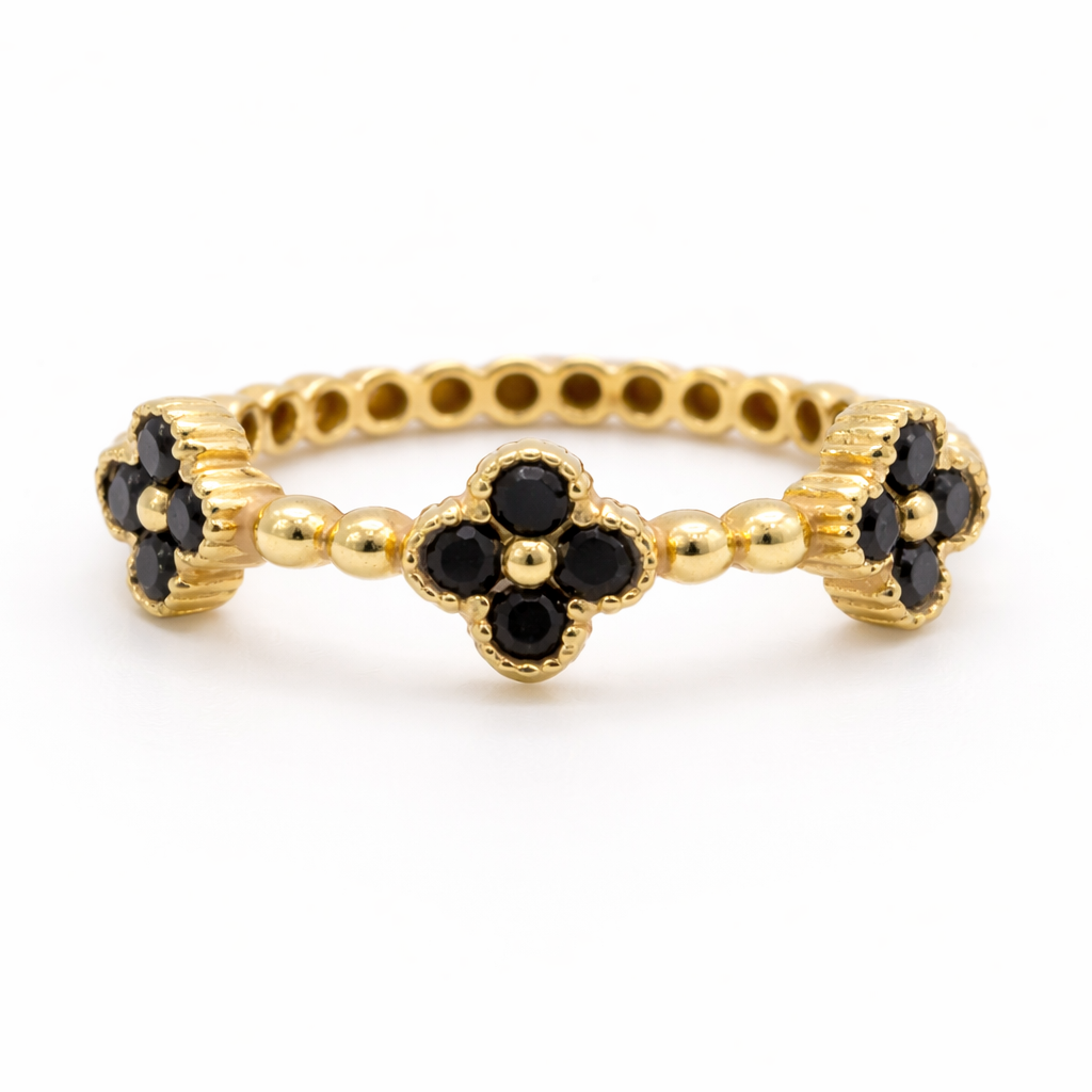 18K Yellow Gold Black Clover Ring