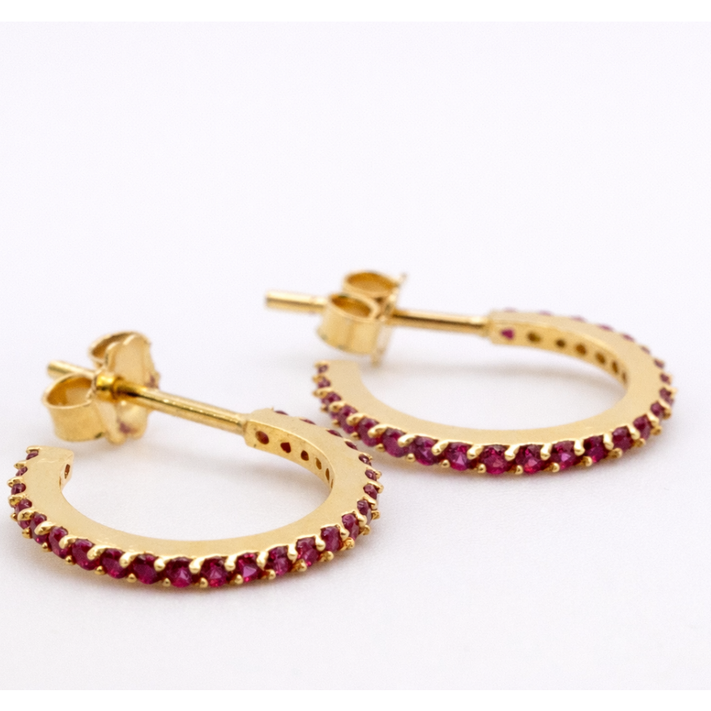 18K Yellow Gold Ruby CZ Half Hoop Earrings