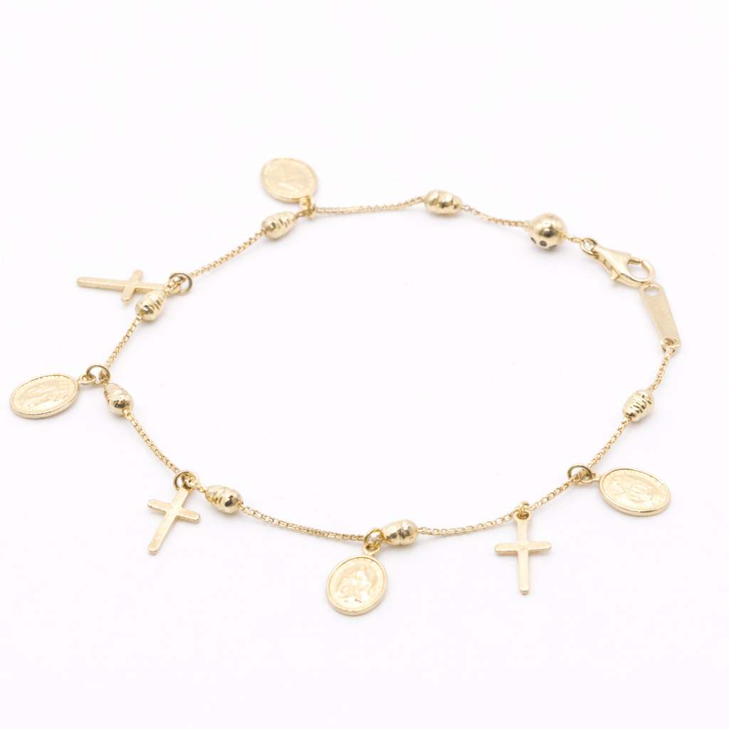 14K Solid Gold Cross & Medallion Charm Bracelet