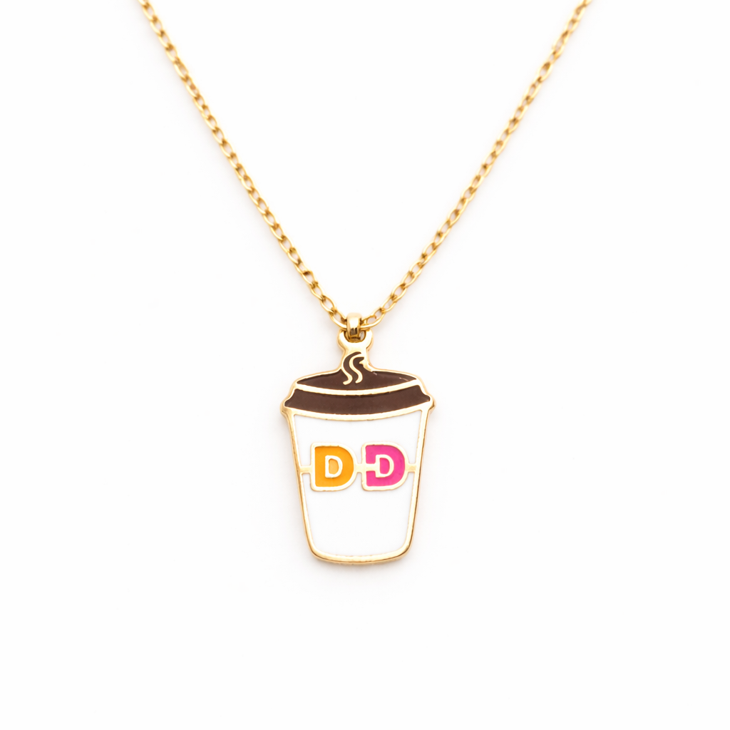 18K Solid Gold Enamel Coffee Cup Necklace