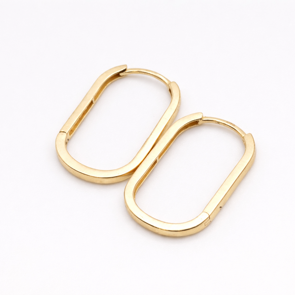 18K Yellow Gold Oval Huggie Hoop Earrings – Minimalist Geometric Link Hoops