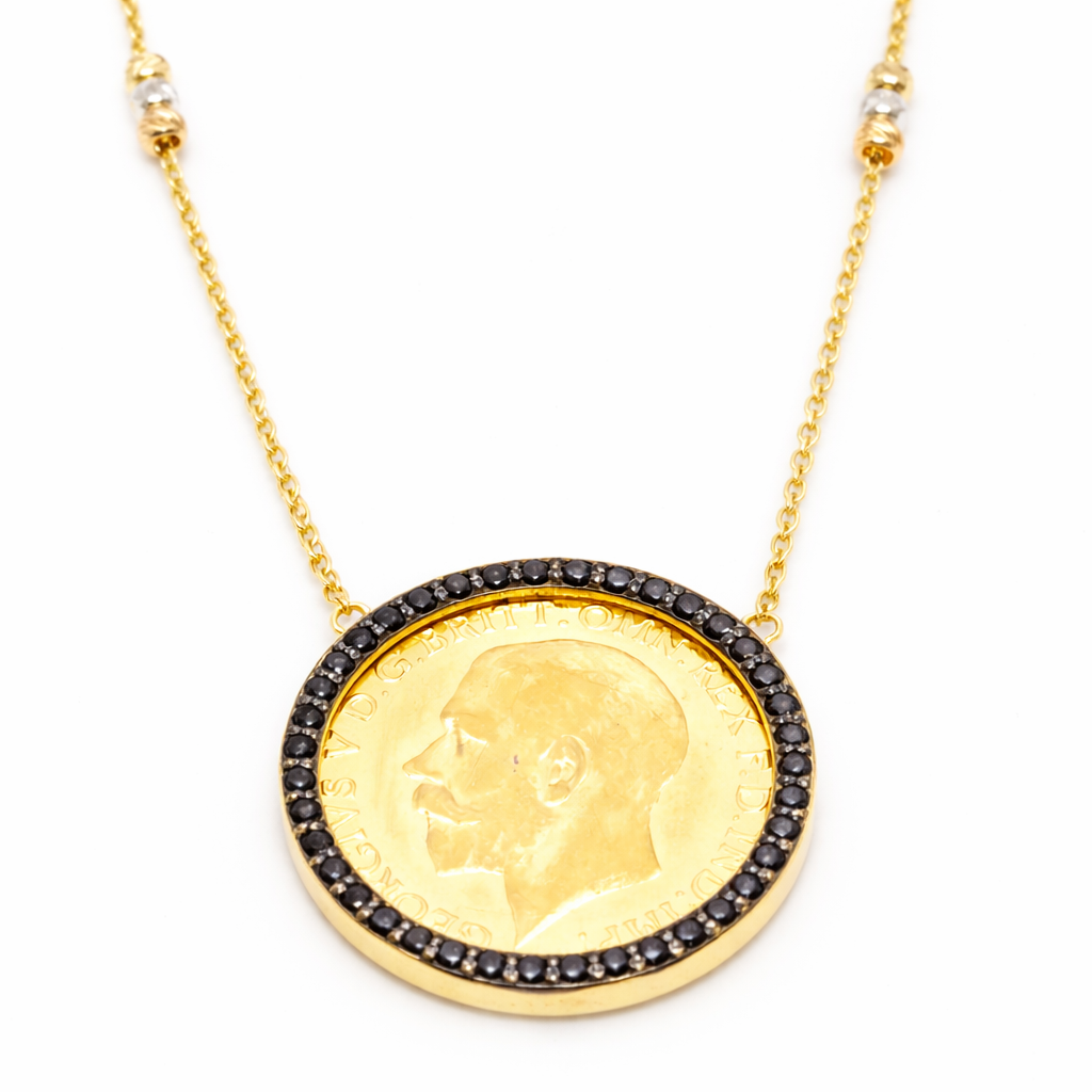 21K Gold Coin Pendant Necklace with Black CZ Halo – 18K Gold Mounting