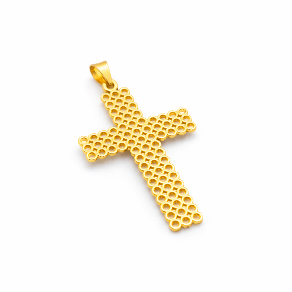 18K Solid Gold Textured Cross Pendant – Honeycomb Pattern Gold Cross
