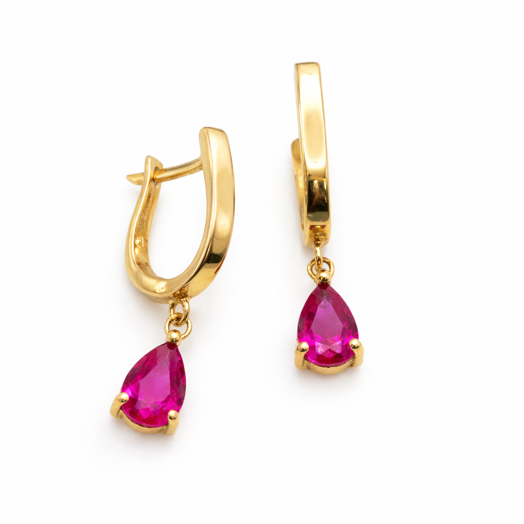 18K Yellow Gold Red CZ Teardrop Dangle Hoop Earrings