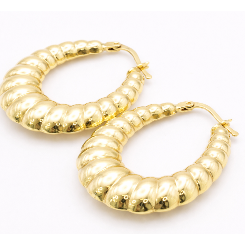 18K Gold Ribbed Hoop Earrings - Chunky