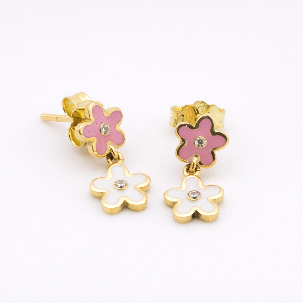 18K Pink & White Enamel Flower Drop Earrings