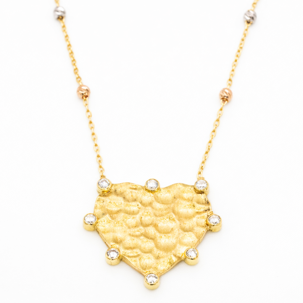 18K Solid Gold Textured Heart Necklace with CZ