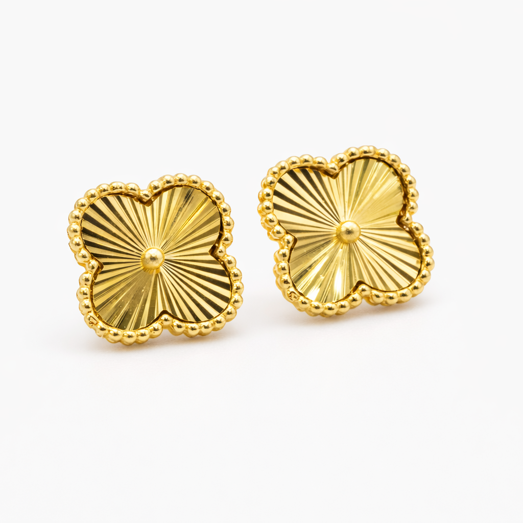 18K Solid Gold Clover Stud Earrings