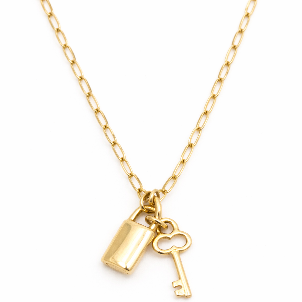 14K Solid Gold Lock & Key Pendant Necklace