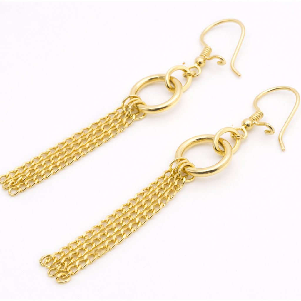 18K Solid Gold Chain Tassel Drop Earrings