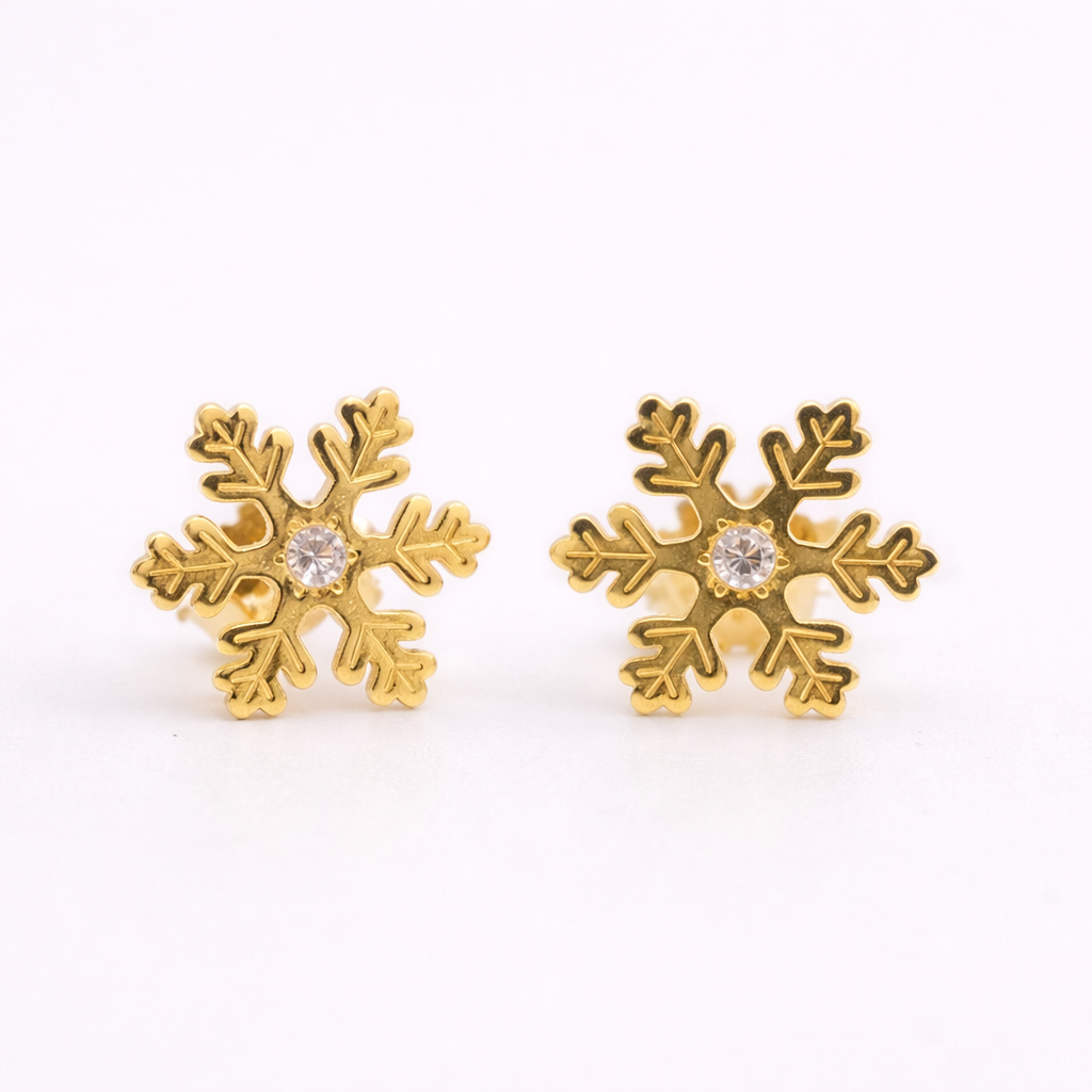 18K Yellow Gold Snowflake CZ Stud Earrings