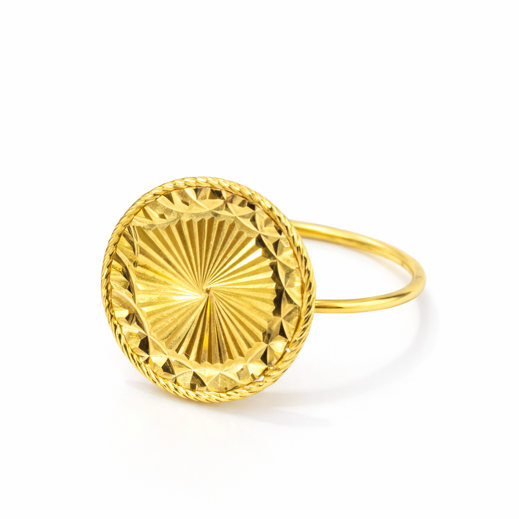 18K Solid Gold Sunburst Disc Statement Ring