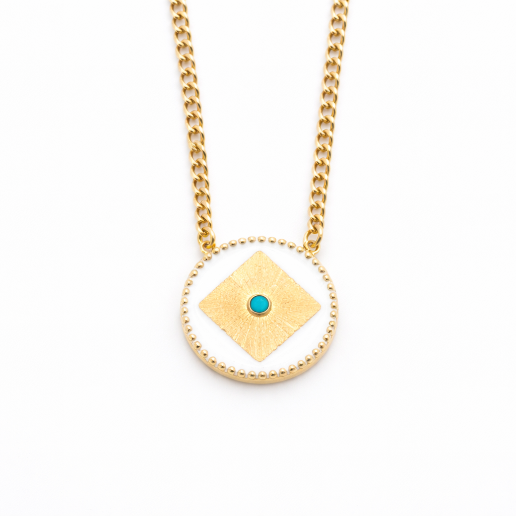 18K Solid Gold Turquoise Medallion Necklace