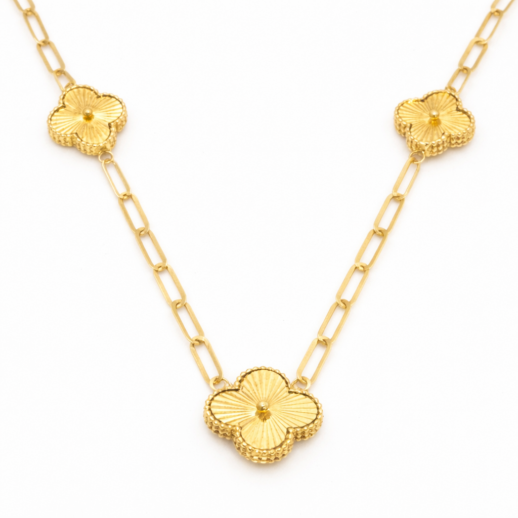 18K Solid Yellow Gold Clover Paperclip Chain Necklace