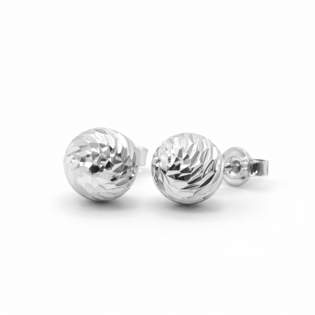 14K White Gold Diamond-Cut Ball Stud Earrings