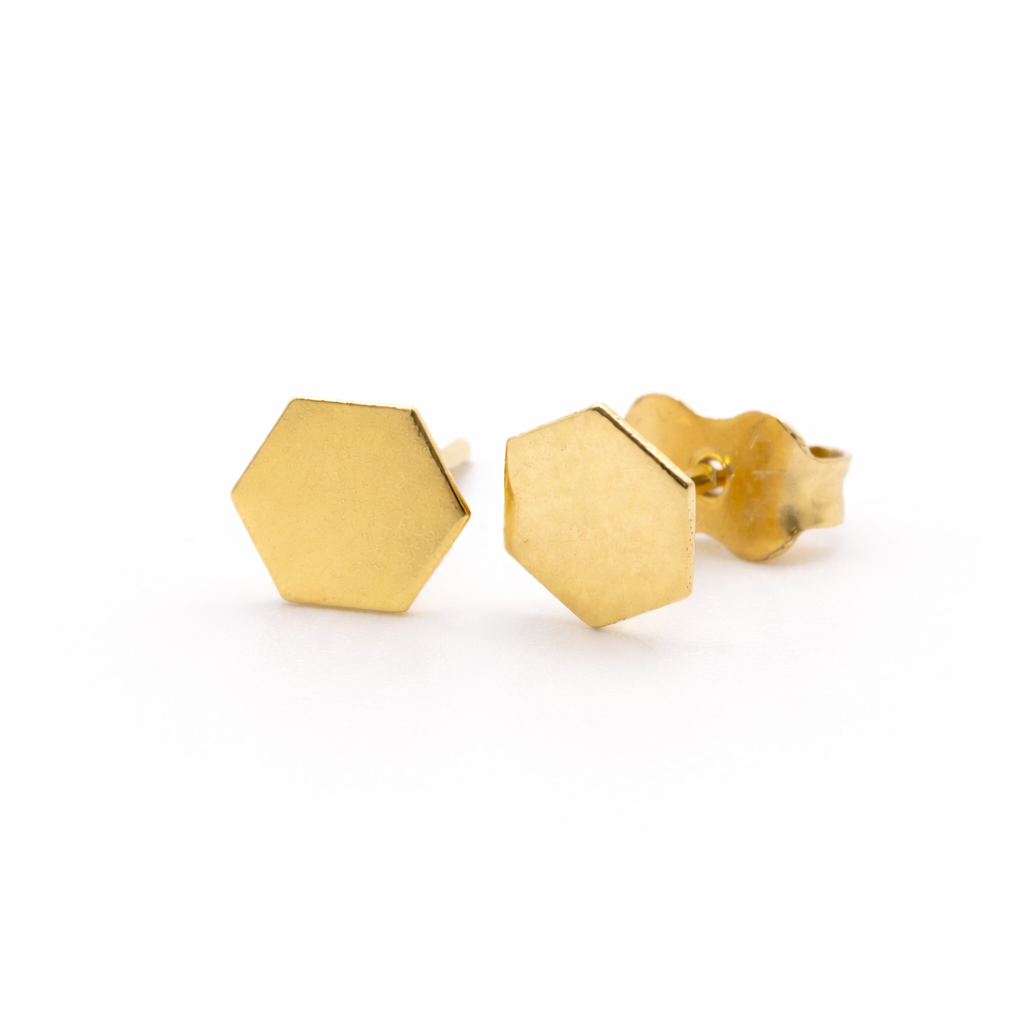 18K Solid Gold Hexagon Stud Earrings