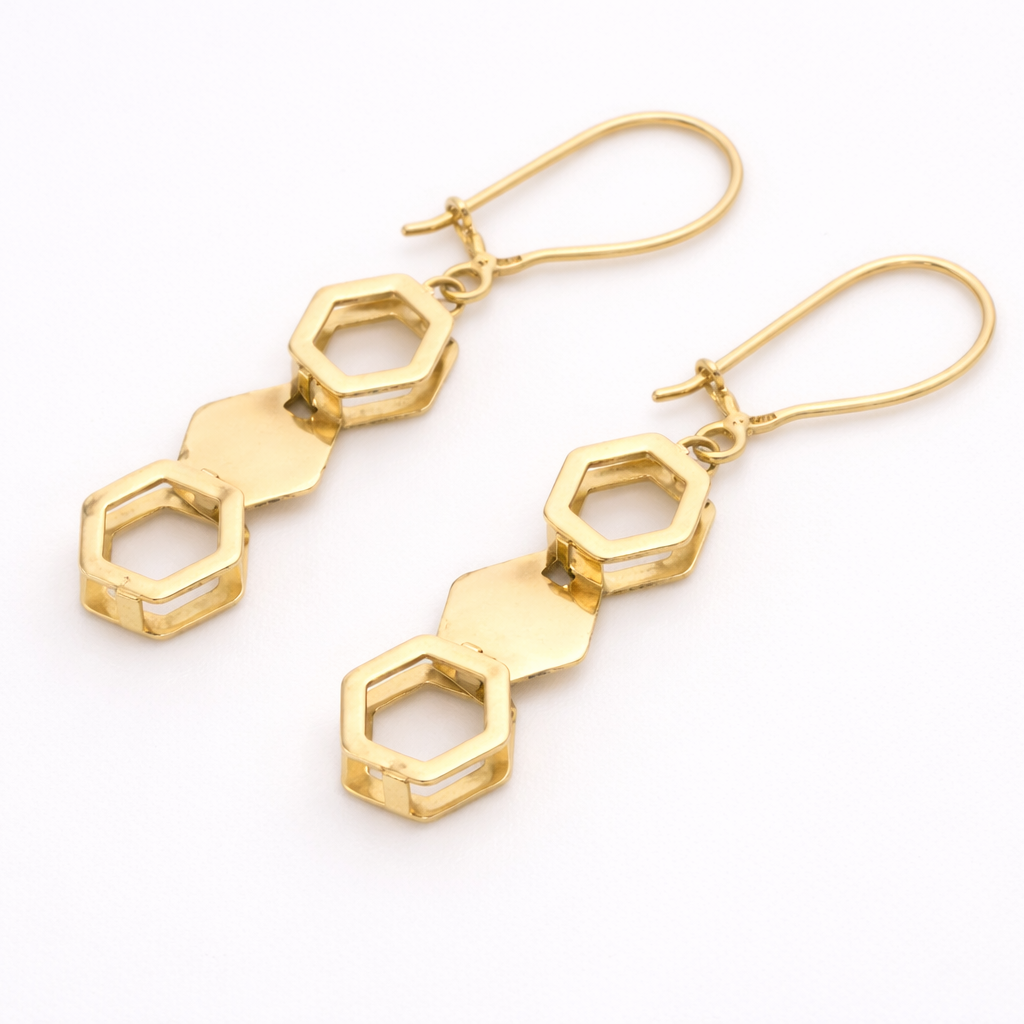18K Solid Gold Hexagon Drop Earrings - Beehive