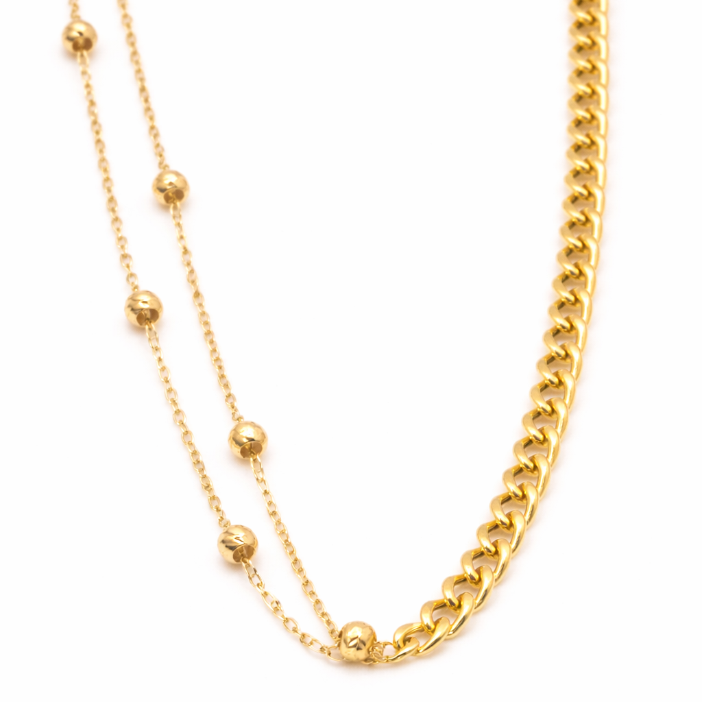 18K Solid Gold Layered Beaded Necklace – Dual Chain Cuban Link Design
