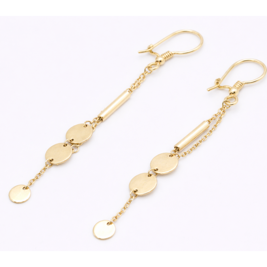 18K Solid Gold Disc Chain Drop Earrings