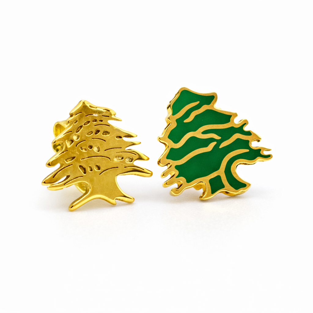 18K Yellow Gold Lebanon Cedar Tree Stud Earrings – Green Enamel or Without