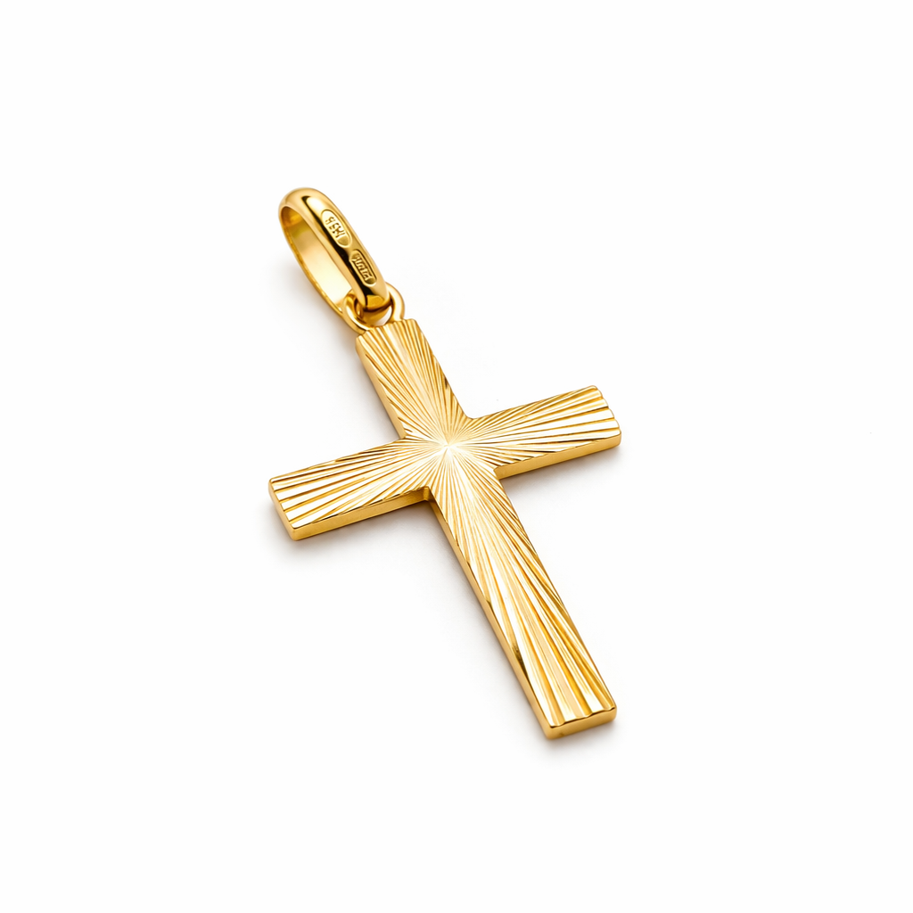 18K Solid Gold Sunburst Engraved Gold Cross