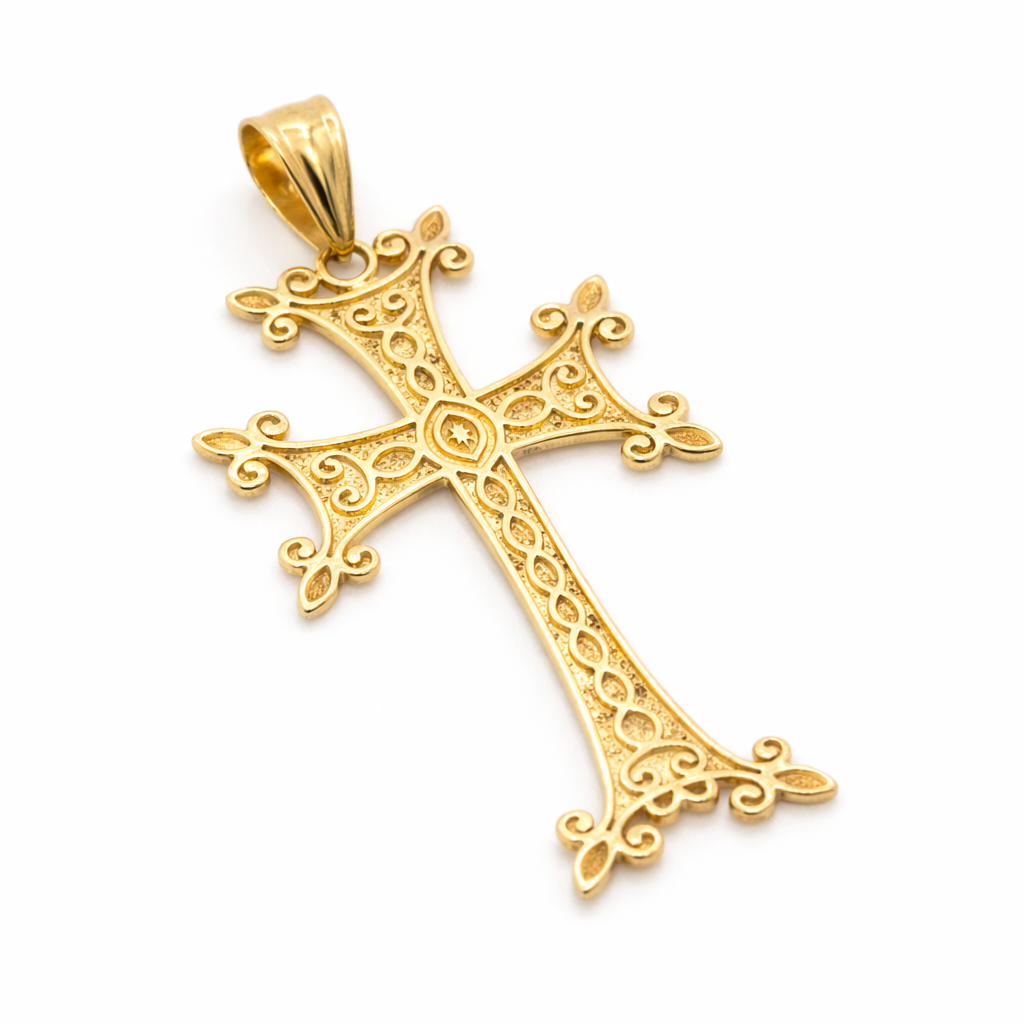 18K Solid Gold Armenian "Khachkar" Cross Pendant