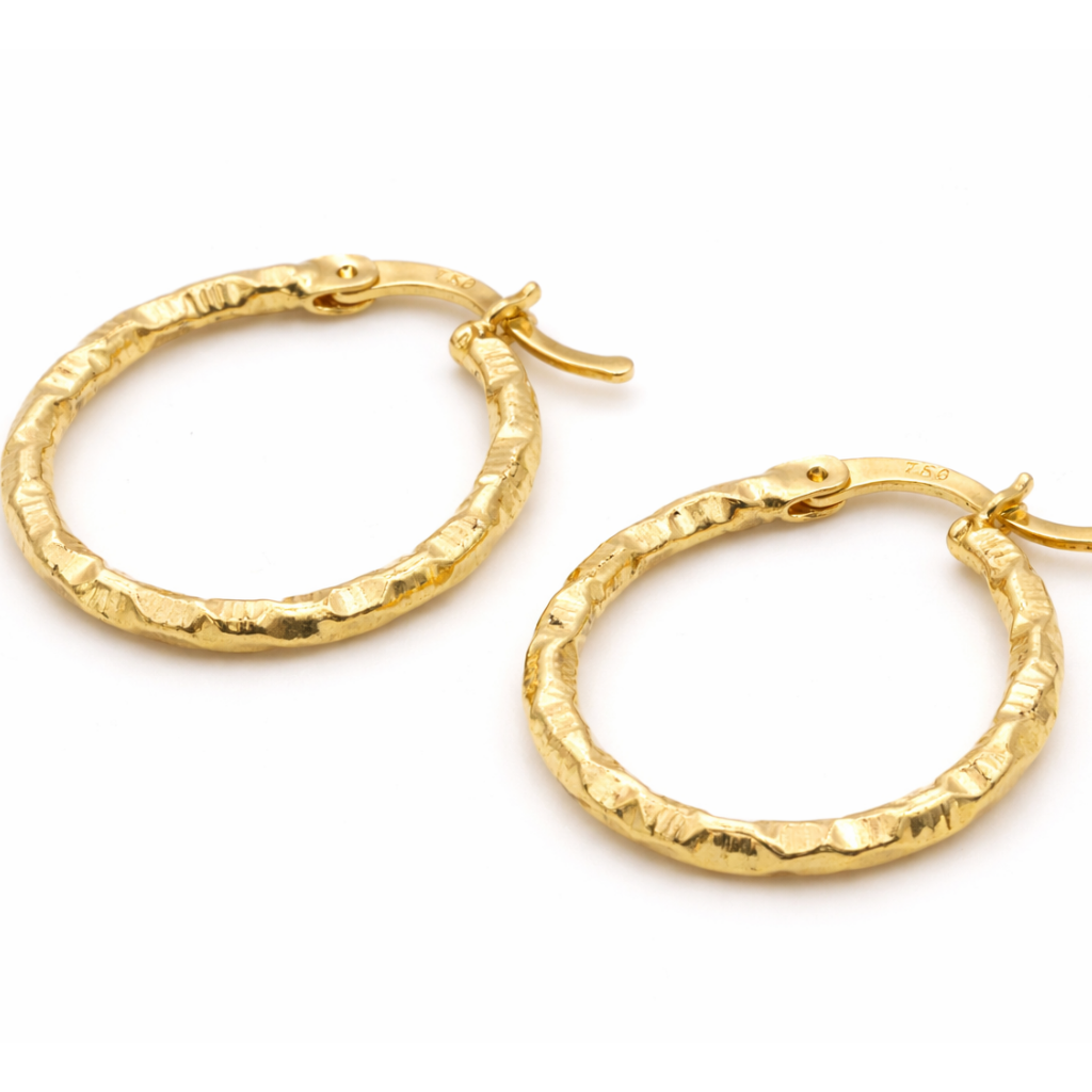 18K Yellow Gold Hammered Hoop Earrings – Textured Classic Round Hoops