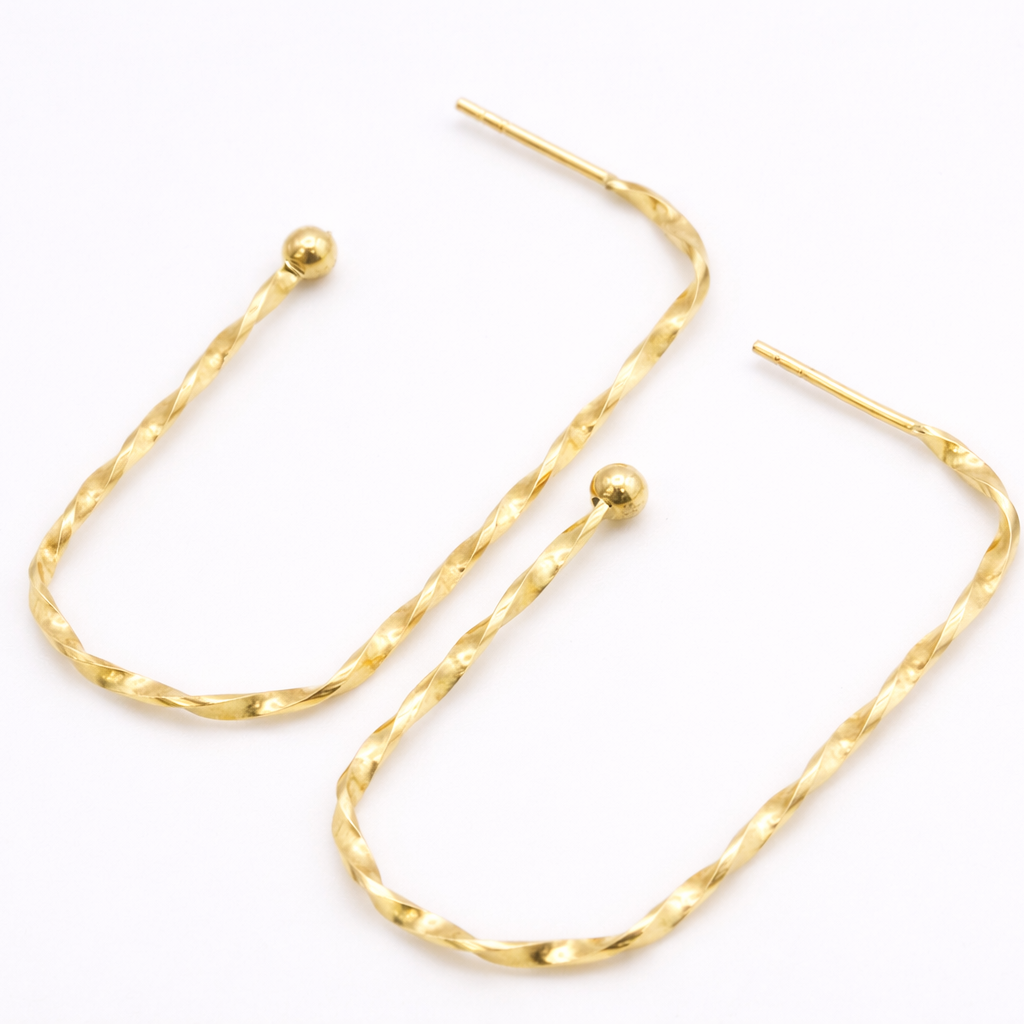 18K Solid Gold Twisted Oval Hoop Earrings