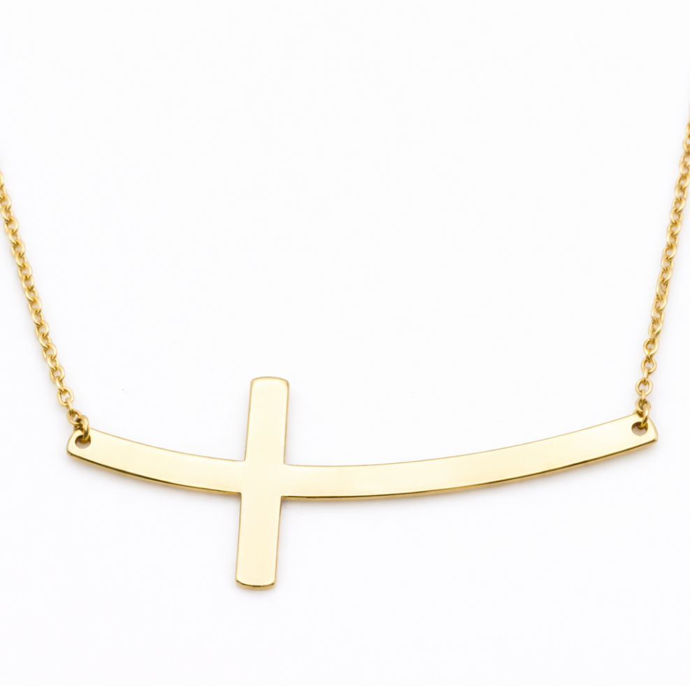 18K Solid Gold Horizontal Cross Bar Necklace