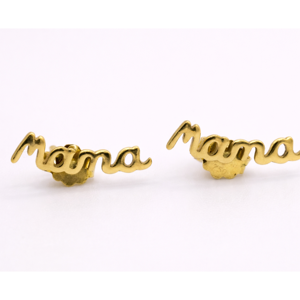 18K Yellow Gold “Mama” Script Stud Earrings