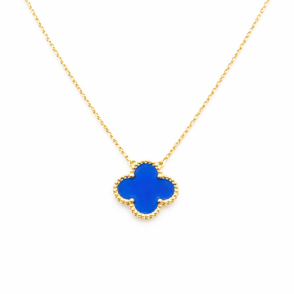 18K Solid Yellow Gold Blue Clover Enamel Pendant Necklace