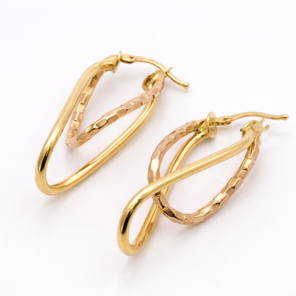 18K Two-Tone Gold Twisted Oval Hoop Earrings – Diamond Cut Textured Hoops