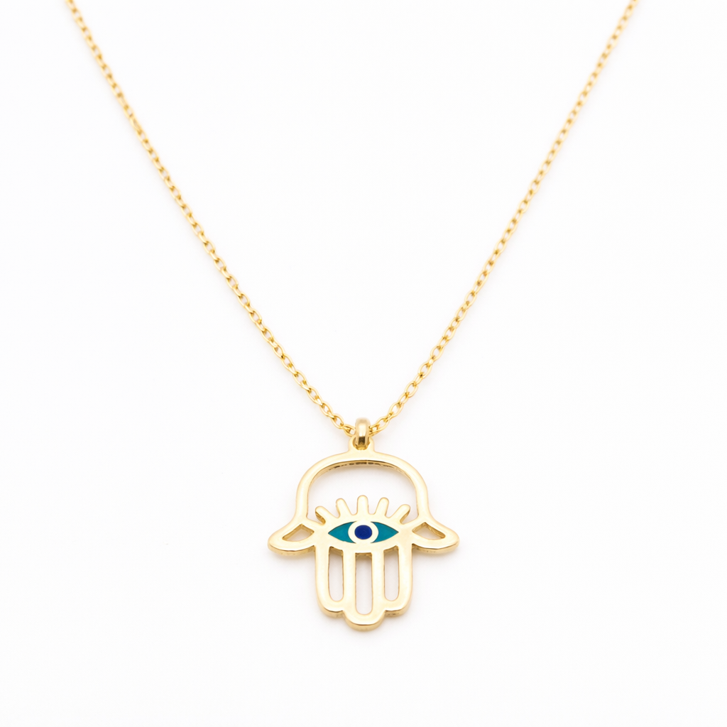 18K Solid Gold Hamsa Hand Necklace with Blue Evil Eye – Protective Charm Pendant