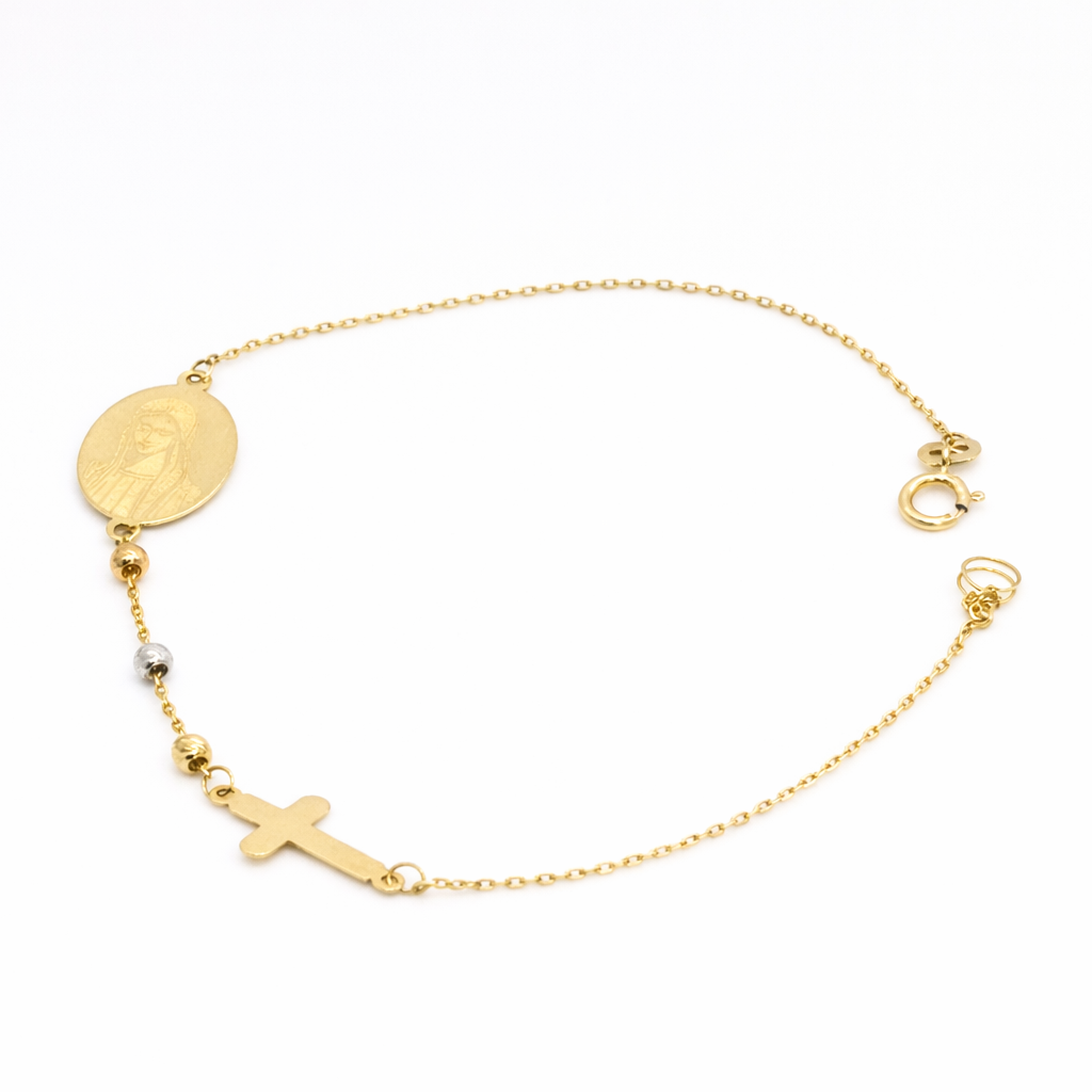 18K Tri-Color Gold Religious Bracelet – Virgin Mary Medal & Cross Charm