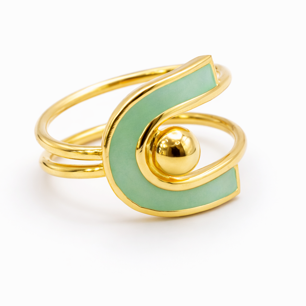 18K Yellow Gold Green Enamel Wave Ring