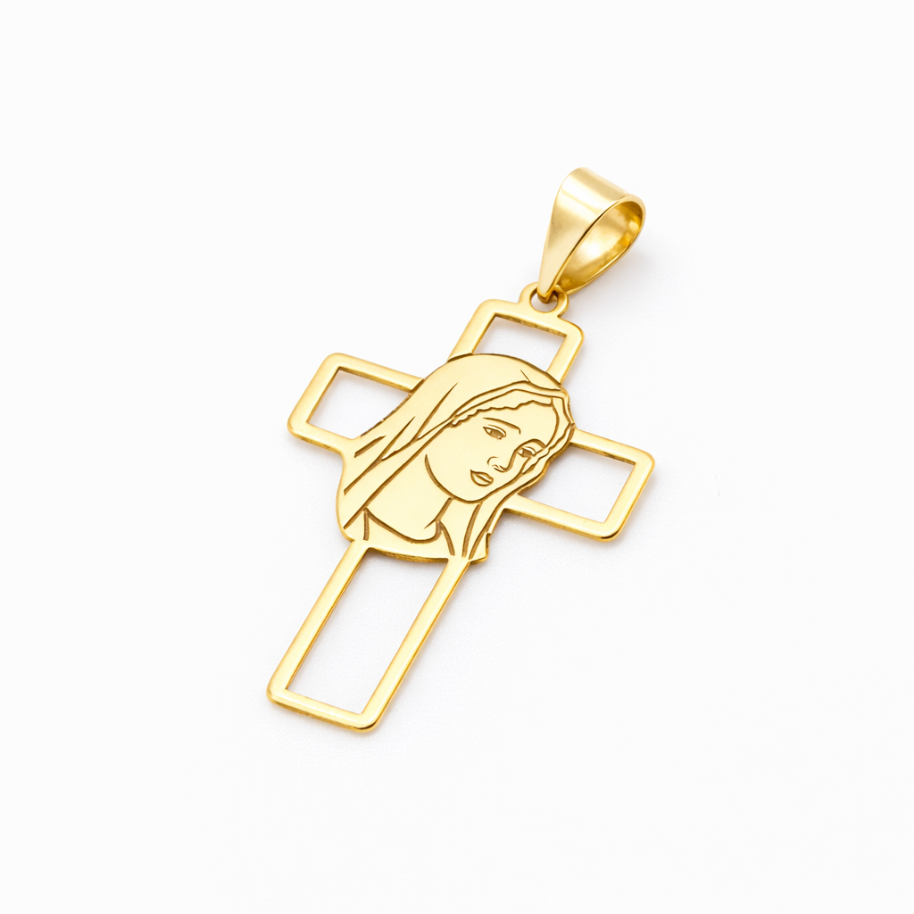 18K Gold Virgin Mary Cross Pendant