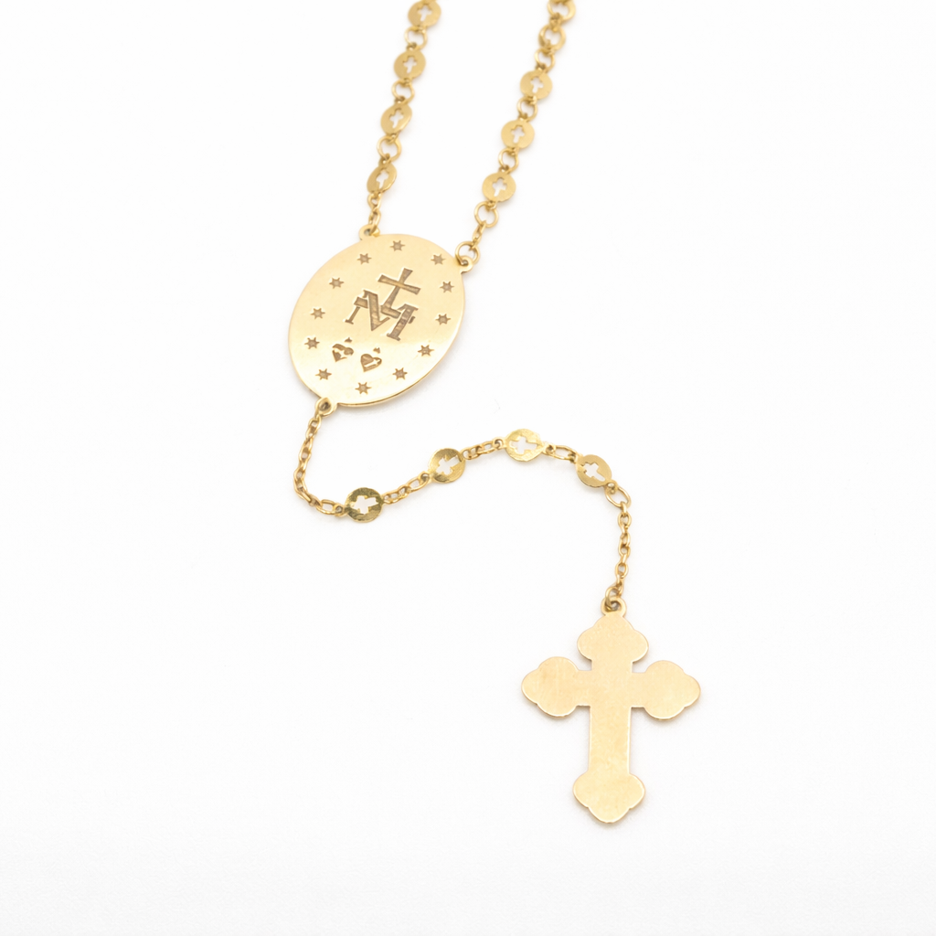 18K Solid Gold Rosary Necklace with Miraculous Medal and Cross