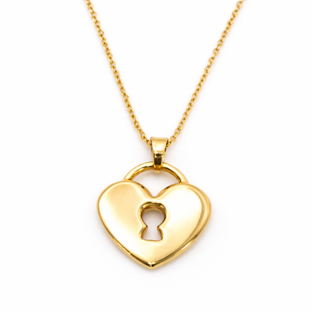 18K Solid Gold Heart Lock Pendant Necklace