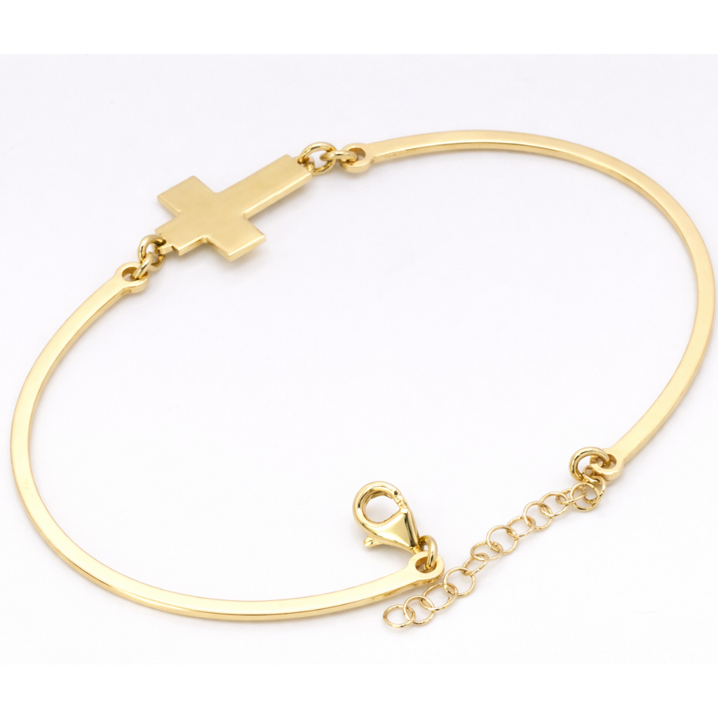 14K Yellow Gold Cross Bracelet – Minimalist Adjustable Bangle with Chain