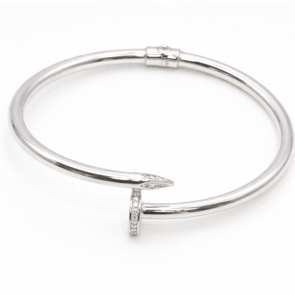 4K White Gold CZ Nail Open Cuff Bracelet – Diamond Look Minimalist Bangle