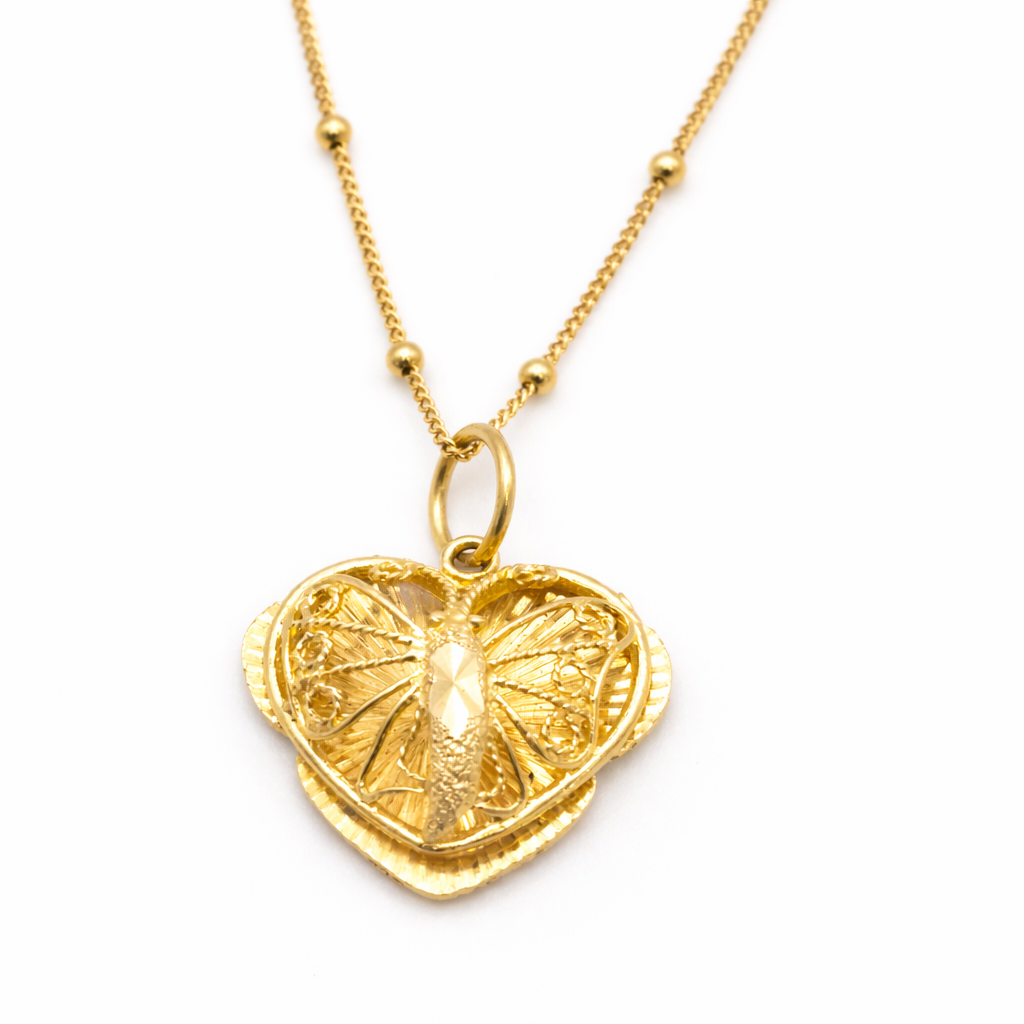 18K Solid Gold Heart Butterfly Pendant Necklace